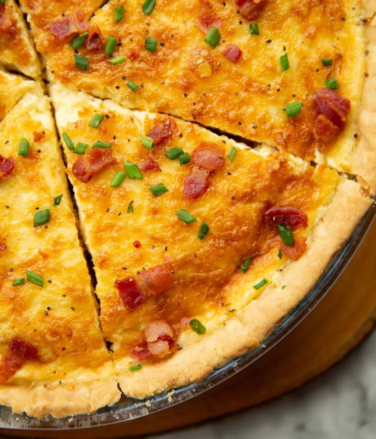 Quiche Lorraine close up overhead shot of quiche in dish