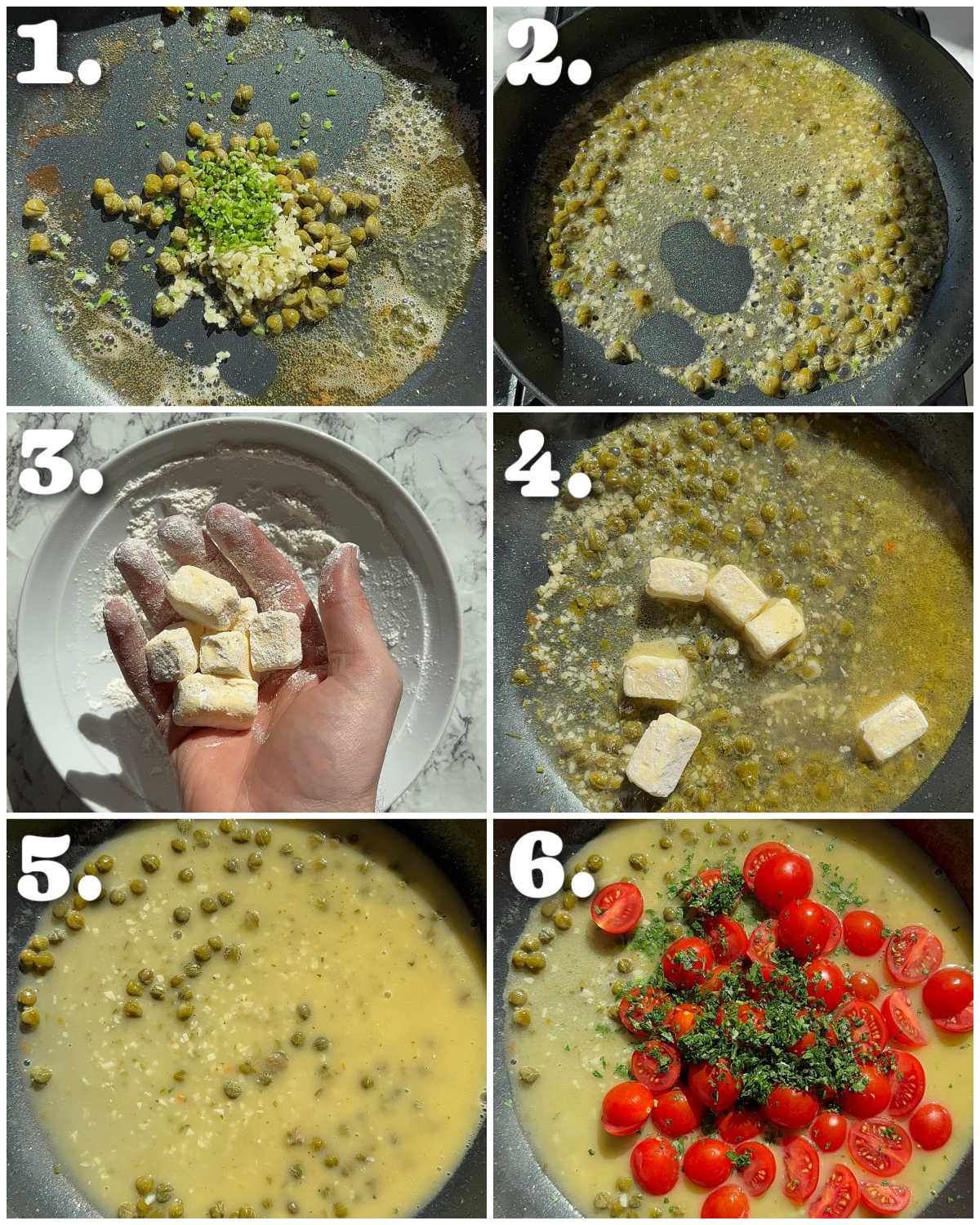6 step by step photos showing how to make tomato caper sauce