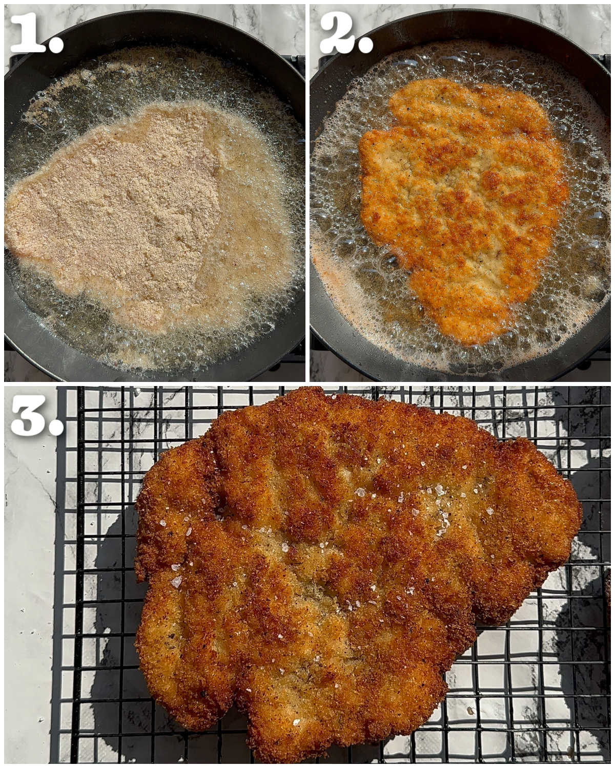 3 step by step photos showing how to pan fry crispy chicken