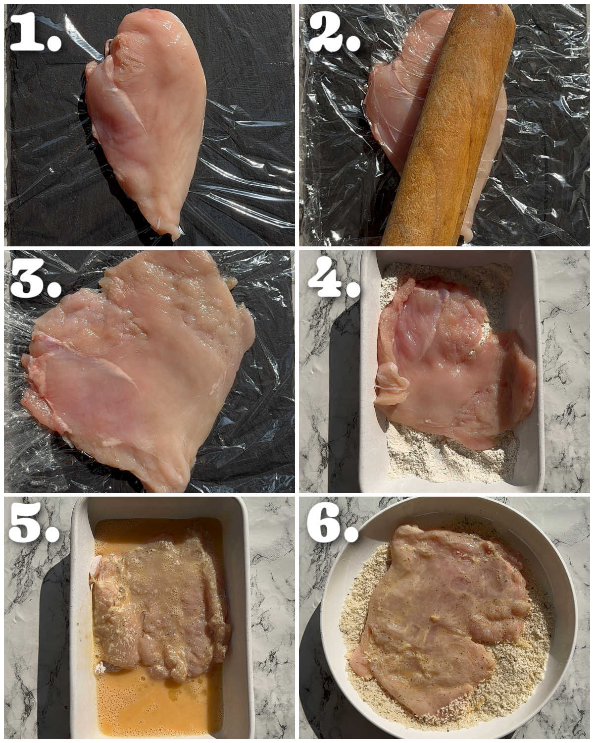 6 step by step photos showing how to prepare crispy chicken
