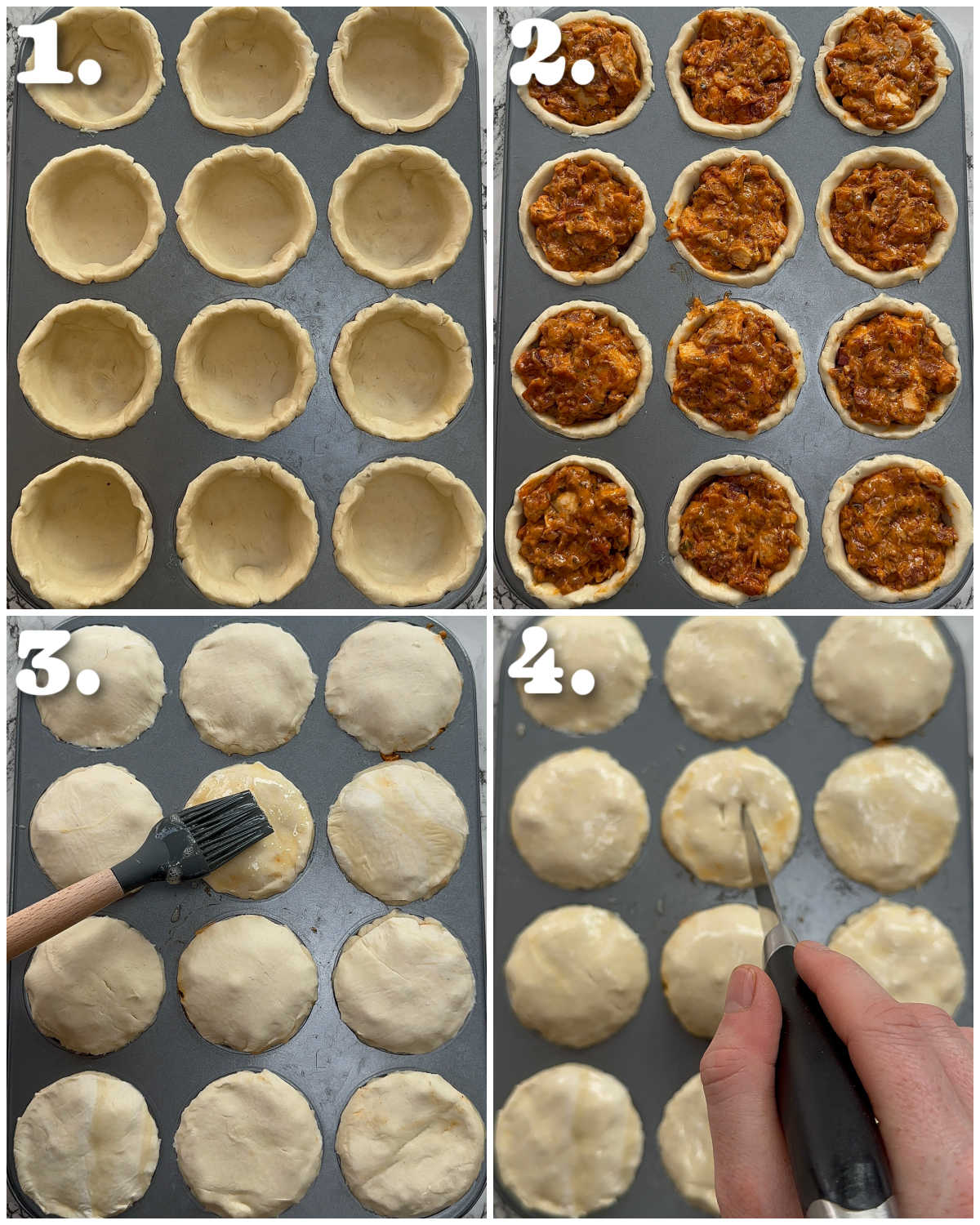 4 step by step photos showing how to make chicken chorizo pies