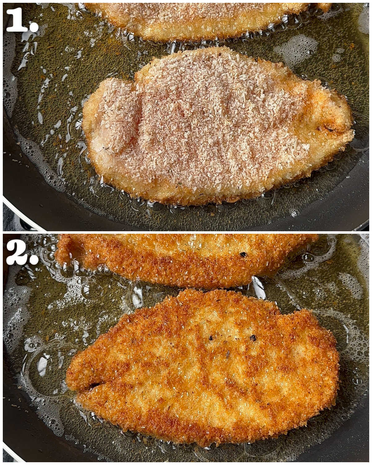 2 step by step photos showing how to cook crispy chicken