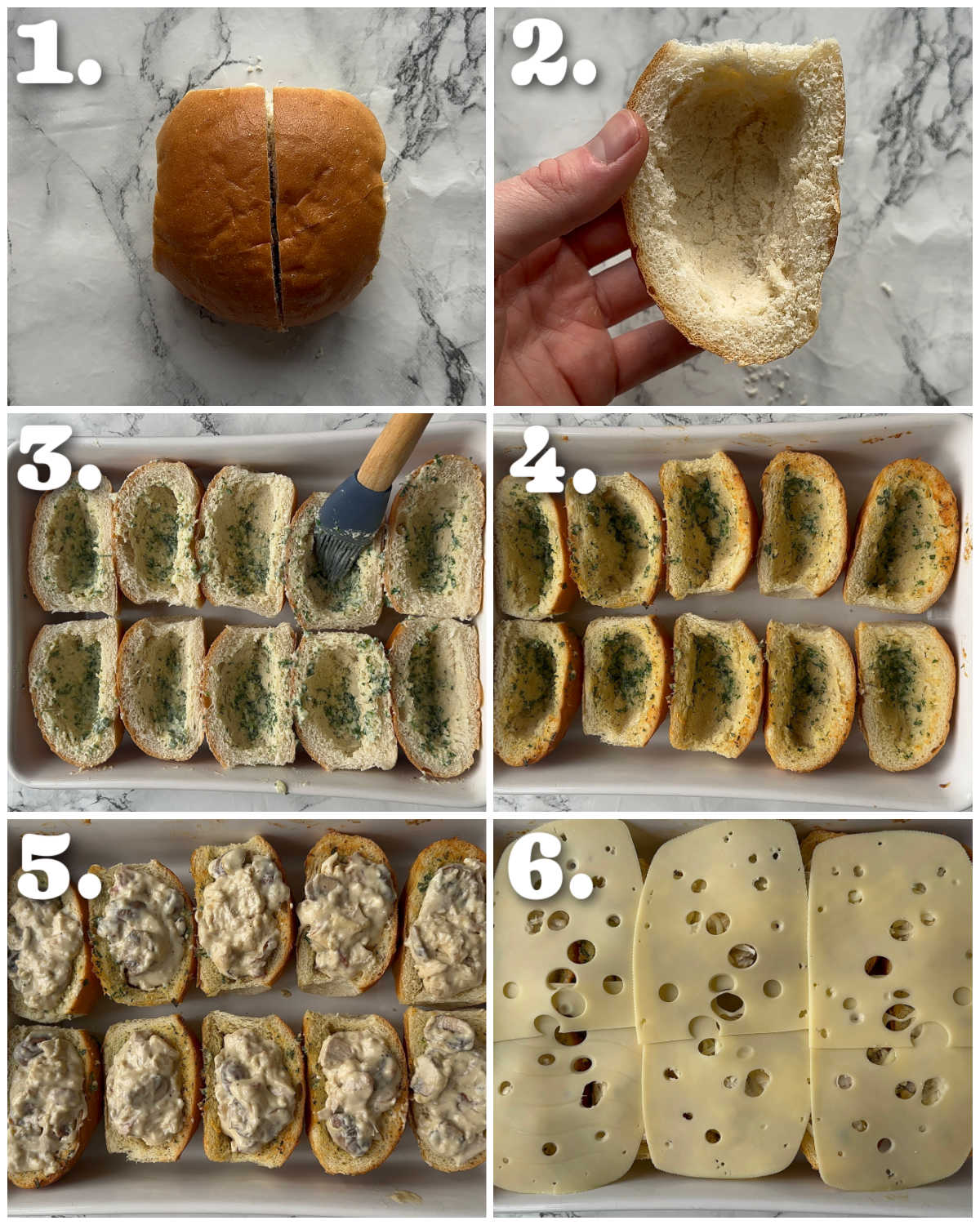 6 step by step photos showing how to make cheesy chicken mushroom sliders